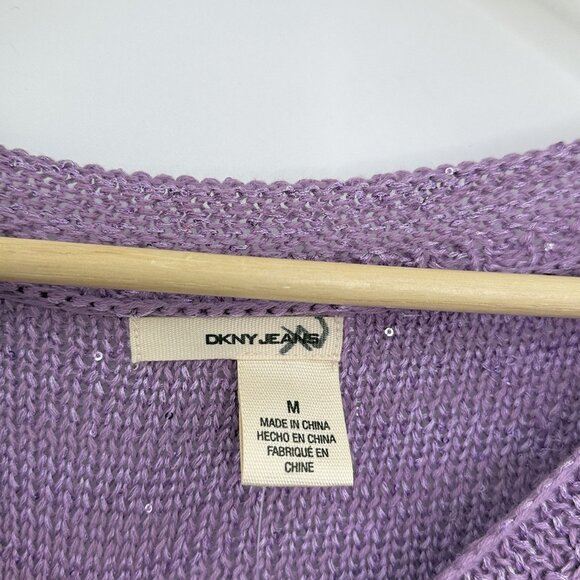 DKNY V-Neck Knit Purple Shimmery Pullover Sweater Size M Preppy Bottom Tie Flaw - Picture 6 of 11